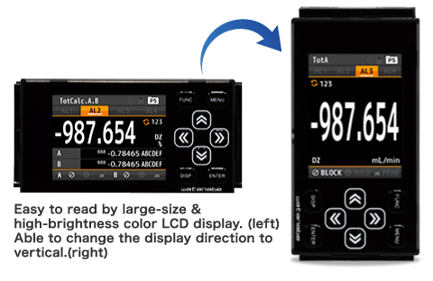 Easy to read by large-size & high-brightness color LCD display. (left) <br>
							Able to change the display direction to vertical.(right)