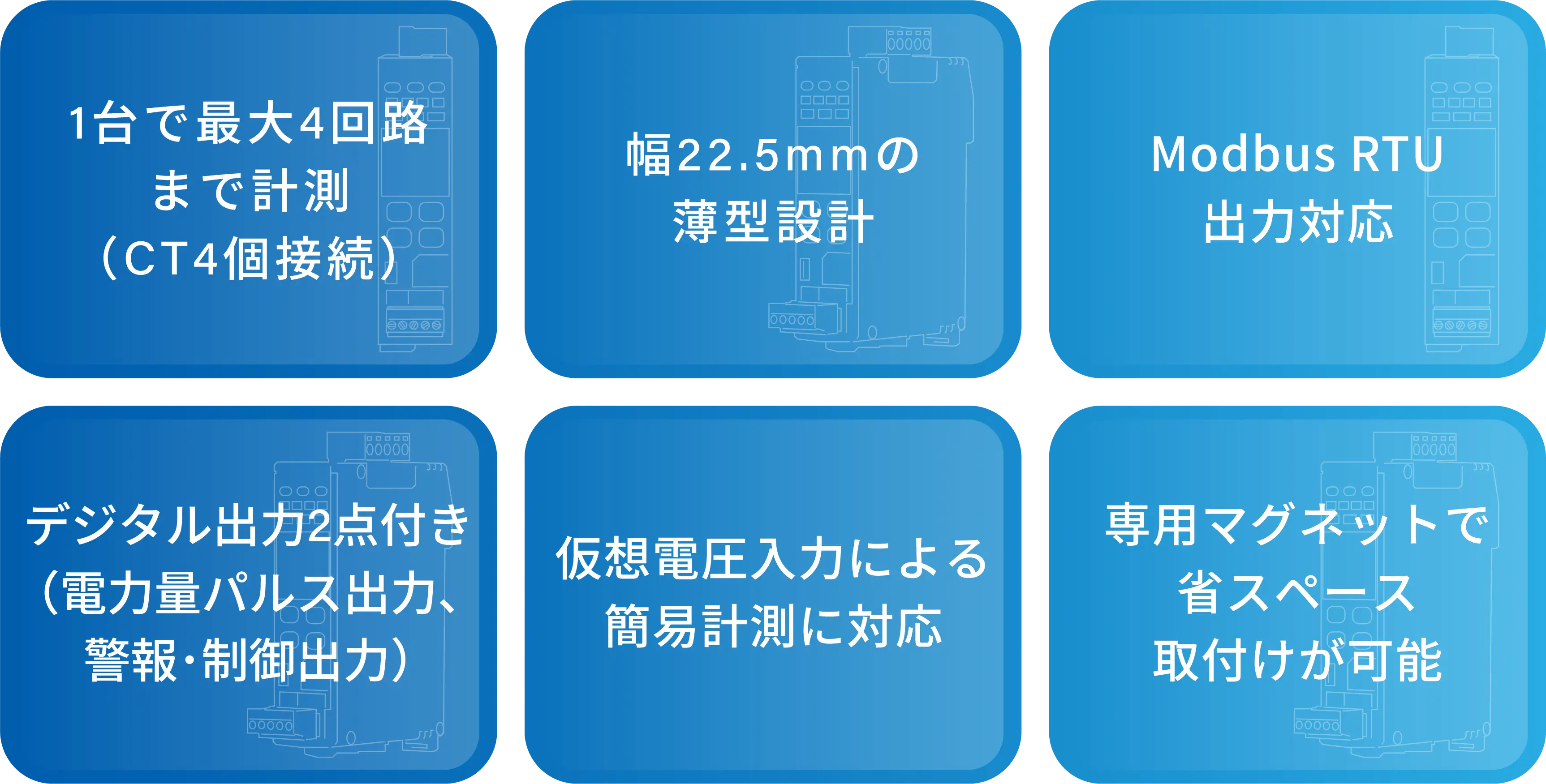 1台で最大4回路まで計測（CT4個接続）幅22.5mmの薄型設計。Modbus RTU出力対応。デジタル出力2点付き（電力量パルス出力、警報･制御出力）仮想電圧入力による簡易計測に対応。専用マグネットで省スペース取付けが可能。